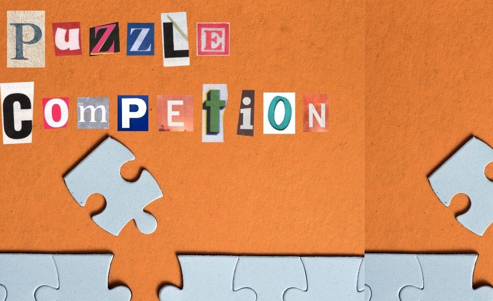 collage saying "puzzle competition" on an orange background