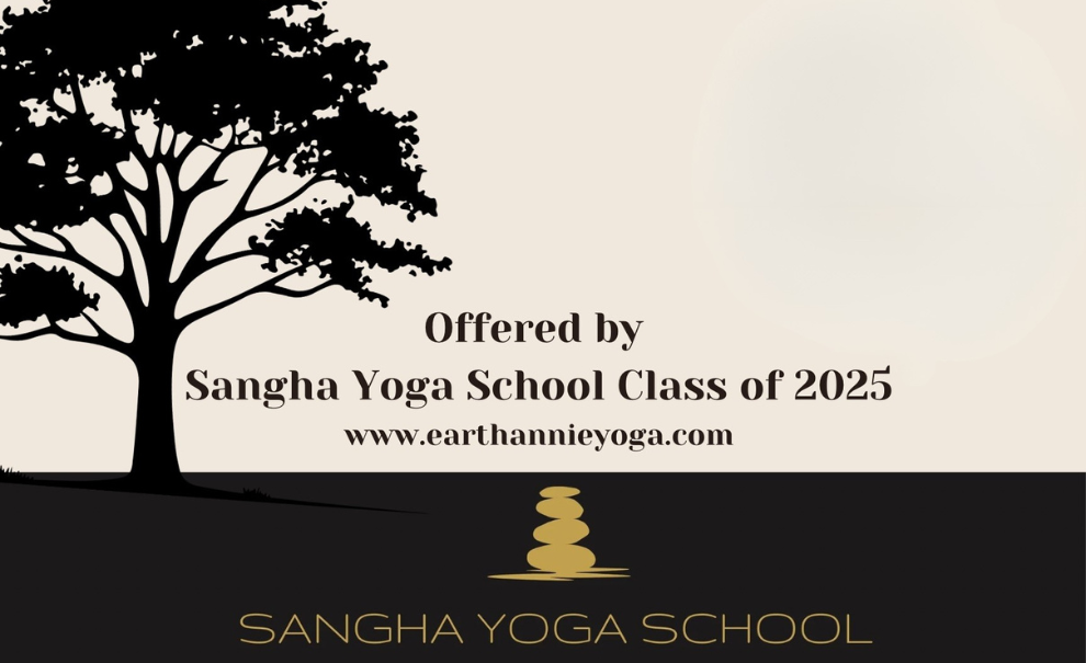 image of a silhouette of tree with text about a community yoga class