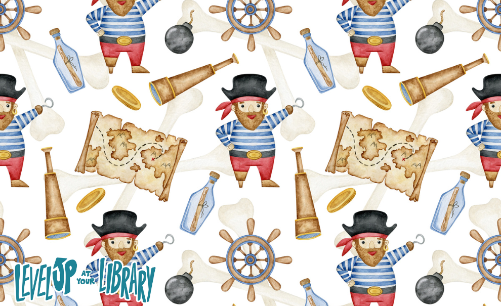 drawing of pirate wearing hat, telescope, message in a bottle, treasure map, and ship's captain wheel.