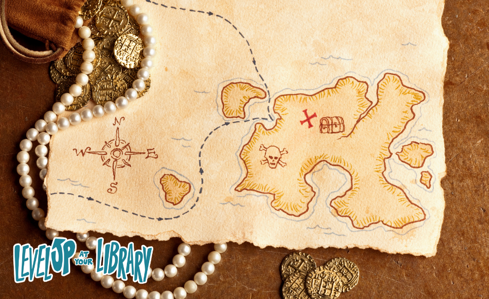 pirate map with scattered treasure of coins and pearls with "Level Up at Your Library" logo