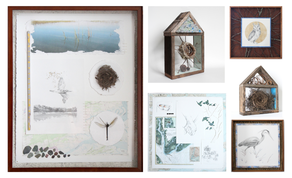 image of different mixed media works with found objects from nature and sketches