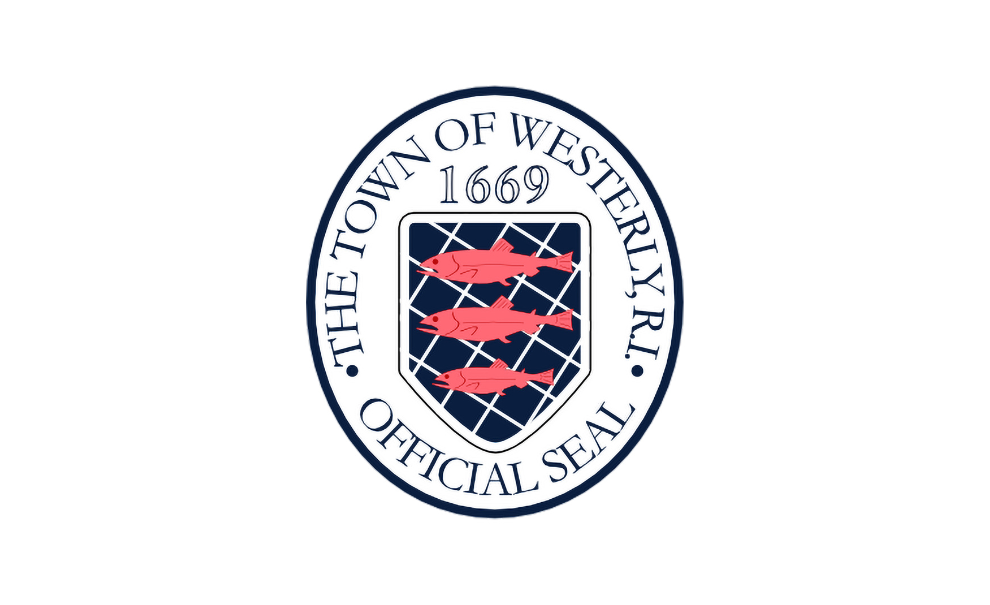 town of westerly seal blue text with patterns and red fish