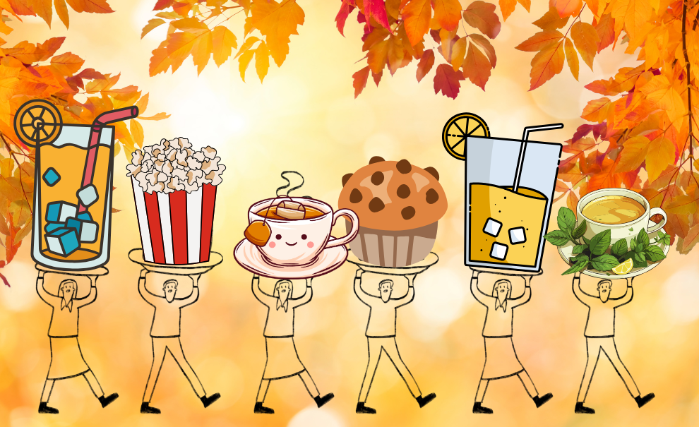sunset sky with fall leaves at the edges and illustrated people holding beverages and snacks