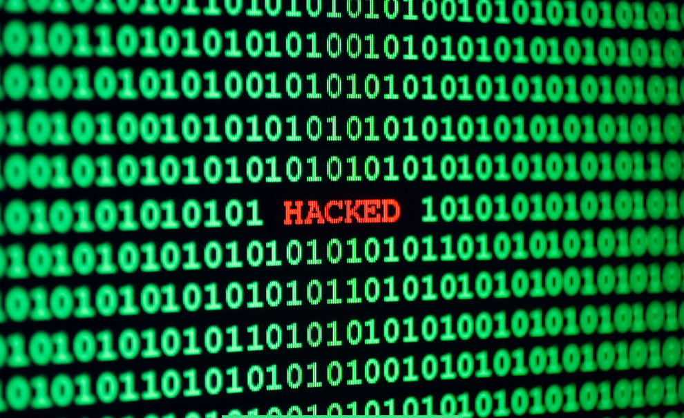 binary code in green font color, hacked in the middle of the binary code in red font