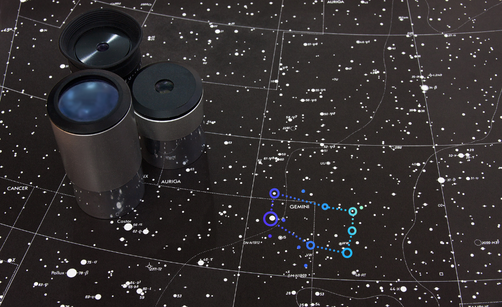 Star chart with three hand-held finder scopes off to the left side.  