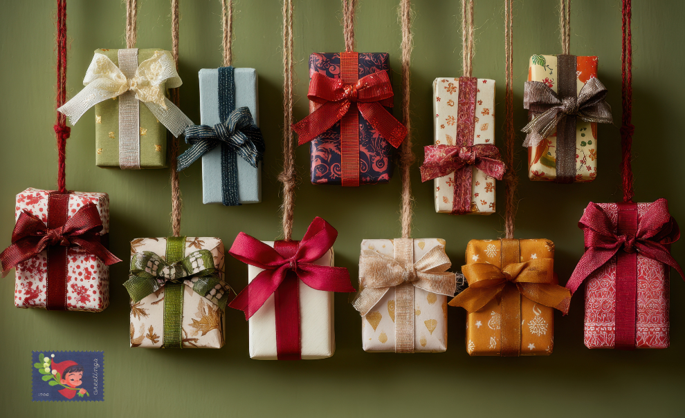 Eleven little wrapped gifts hanging from strings in two rows and a vintage stamp in the left corner showing an elf with a sprig of mistletoe.