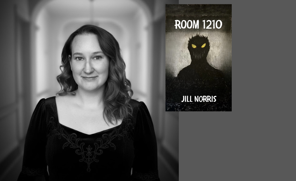 Headshot of Author Jill Norris on far left, 1210 book cover in center, grey background