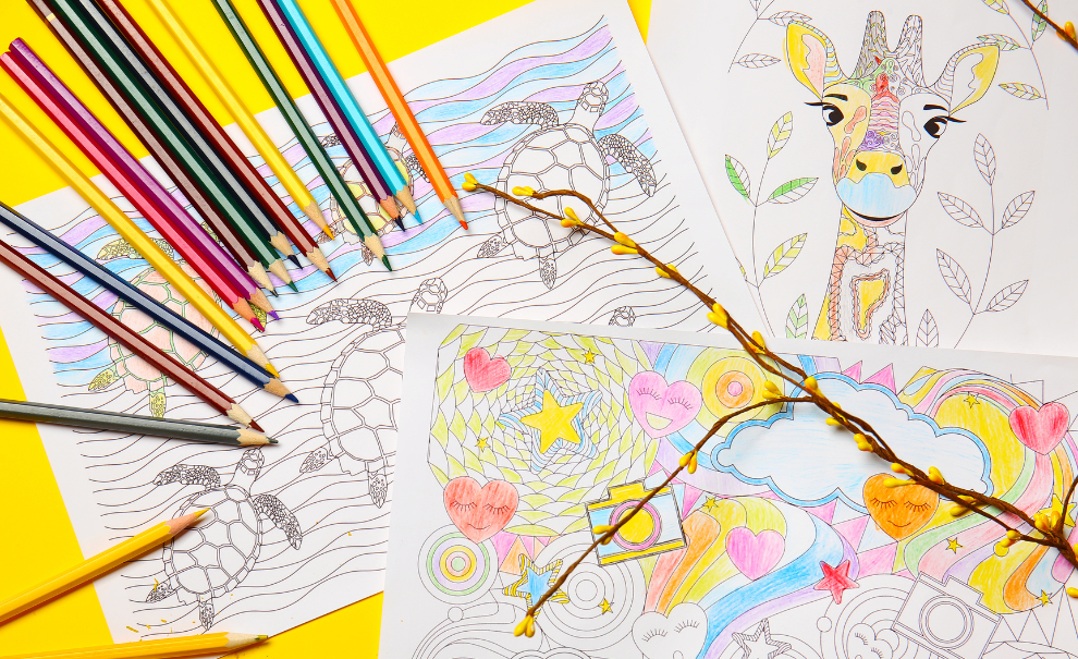 coloring pages of turtles, giraffe, and hearts with colored pencils