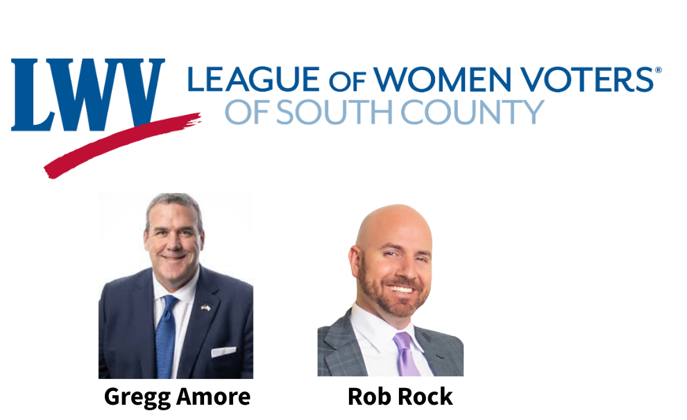 League of Women Voters of South County Rhode Island Logo above headshots of Gregg Amore and Rob Rock