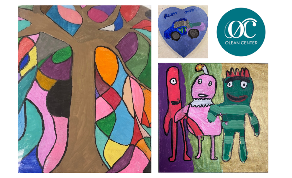 artwork of various types done by olean center artists colorful paper trees and olean center logo teal circle with white text