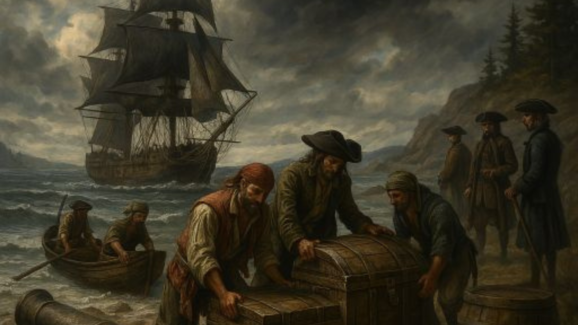 painting depicting pirates with treasure chests and large ship