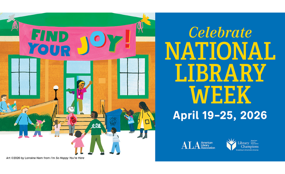 colorful illustration of a library with families outside and text national library week in yellow