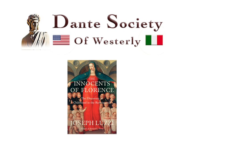 Dante Society of Westerly Logo with The Innocents of Florence book cover underneath on a white background