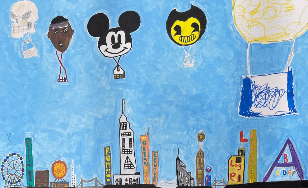 artwork of various types done by olean center artists a city skyline and mickey mouse and other characters