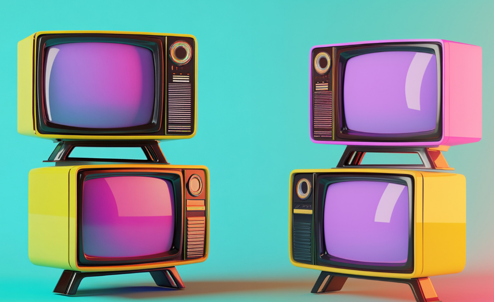 Colorful Tvs on a teal background