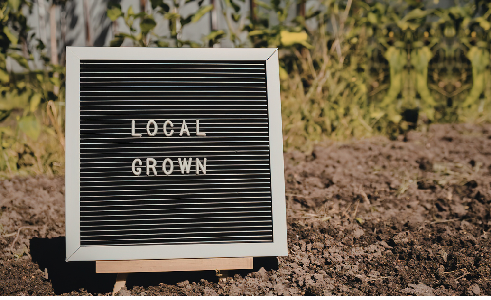 Sign propped up on garden bed reading "local grown"