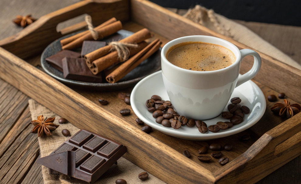 Coffee and chocolate on a tray
