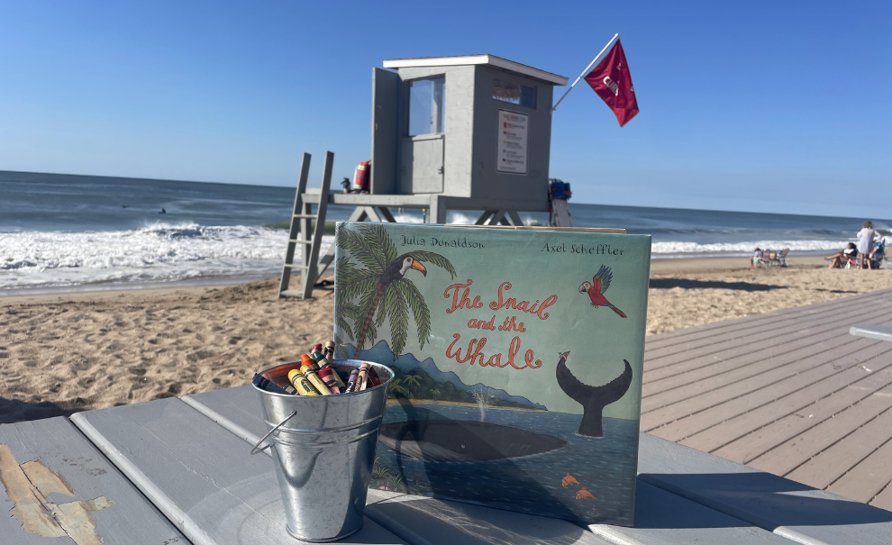 Image of Westerly Town Beach that includes the ocean, lifeguard stand, and the book "The Snail and the Whale"