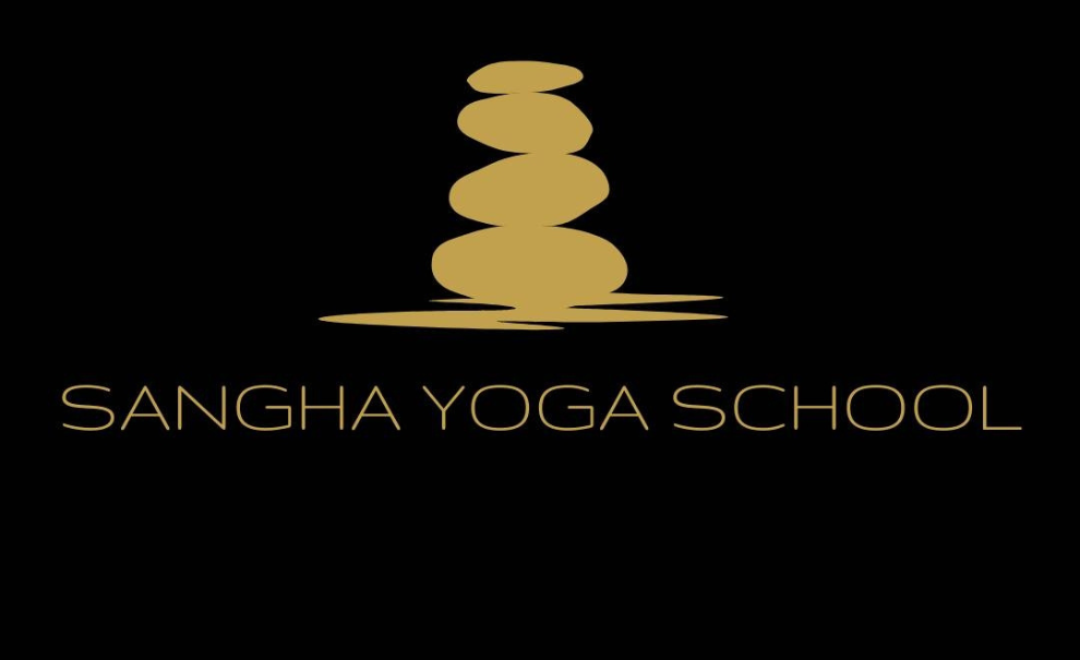 gold text sasying sangha yoga school and gold pillar graphic above