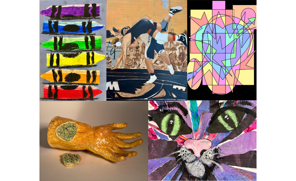 colorful paintings, illustrations and a hand sculpture done by students