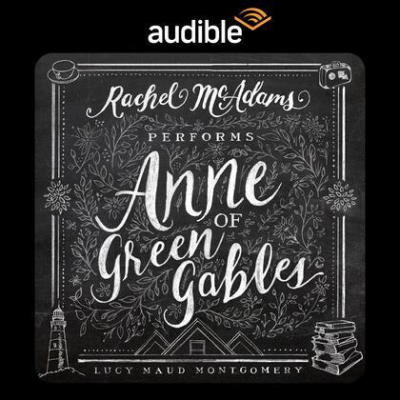 Book Cover:Anne of green gables written in white script on a black and white background