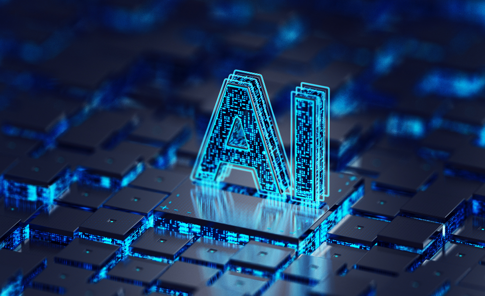 text AI in neon blue light graphics with keys from keyboard