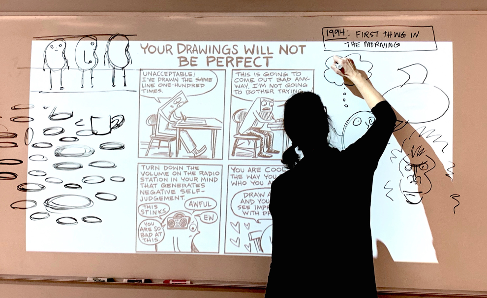 woman doodling on a whiteboard with a projector overlay