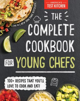 Book Cover:taco ingredients on a black cover reading the complete cookbook for young chefs in chalk text