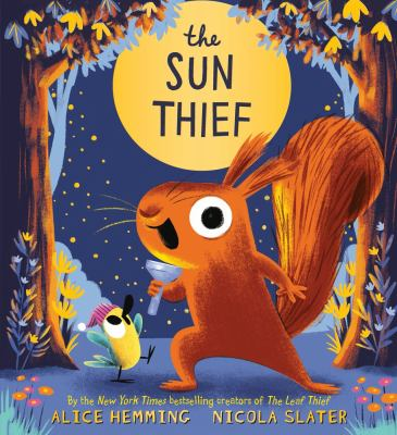 Book Cover:a squirrel with a flashlight in a cheery forest at night