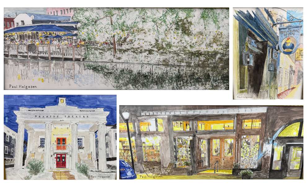 watercolor, pen and ink illustrations of downtown westerly ri