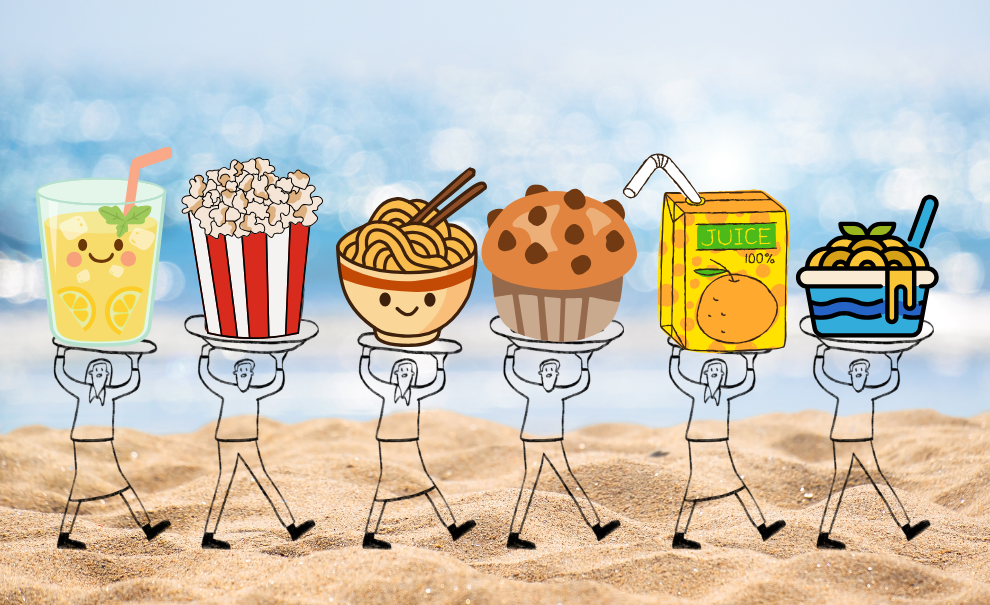 A line of illustrated people holding a cold drink, popcorn, a ramen noodle bowl, a muffin, a juice box, and a cheesy noodle bowl on trays above their heads.