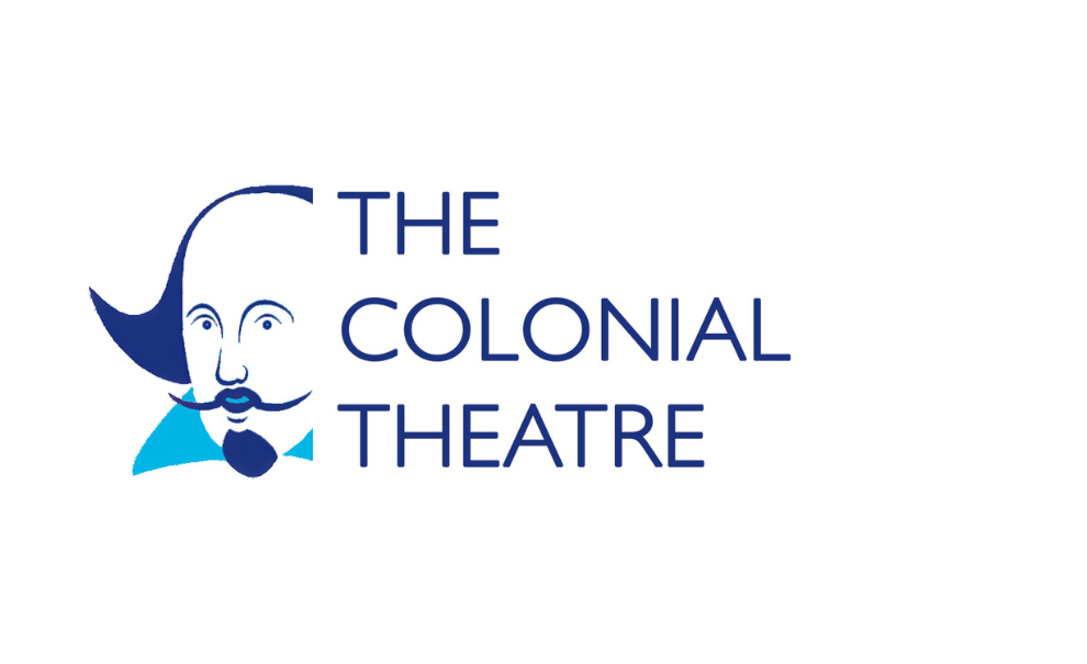 Shakespeare illustration in shades of blue with text the colonial theatre
