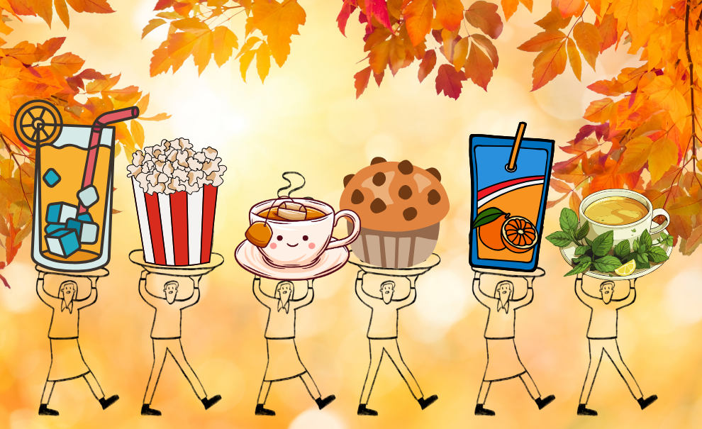 A line of illustrated people holding a cold drink, popcorn, hot tea in a mug, a muffin, a juice box, and chamomile tea in a cup on trays above their heads.