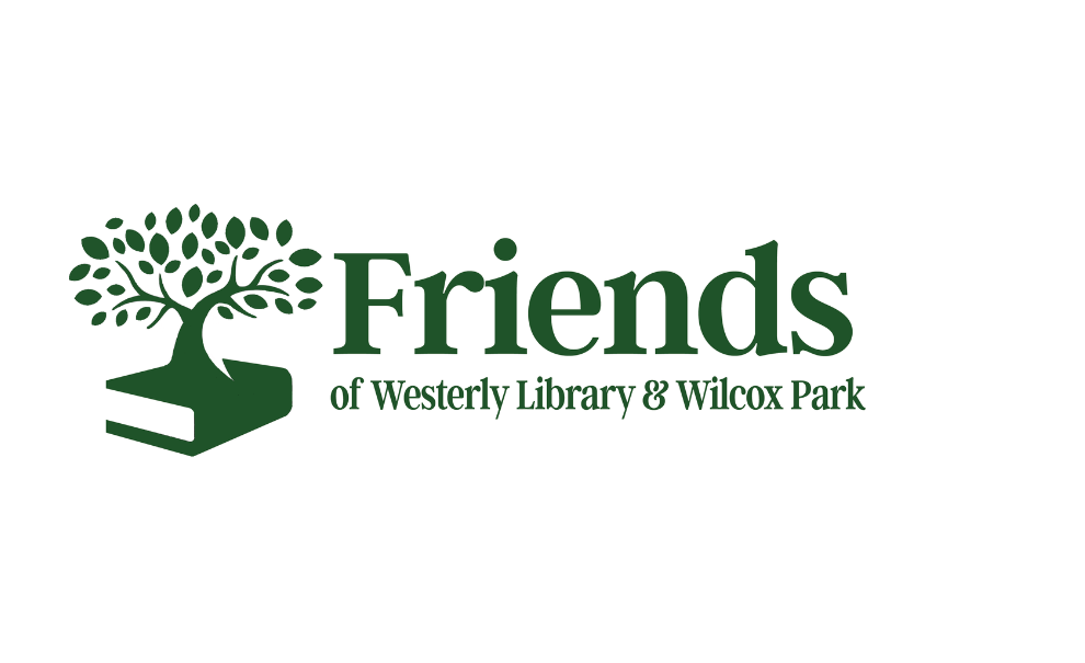 green text reading friends of westerly library & wilcox park and a tree on top of a book