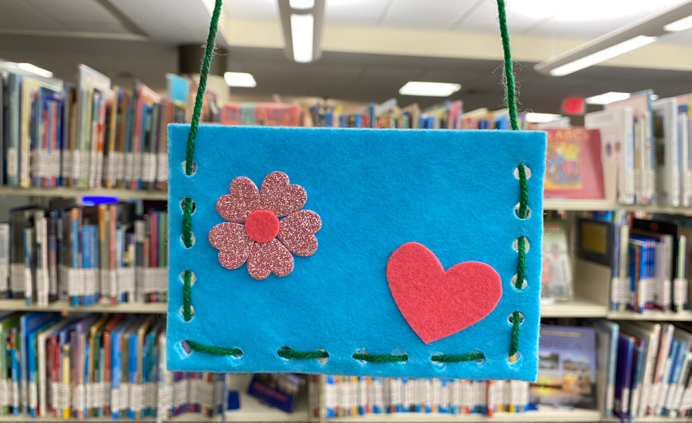 blue library card pouch in front of library shelves