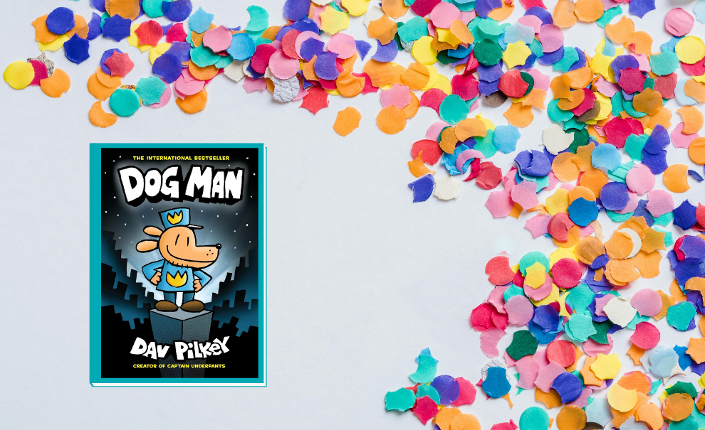 dog man book cover with confetti
