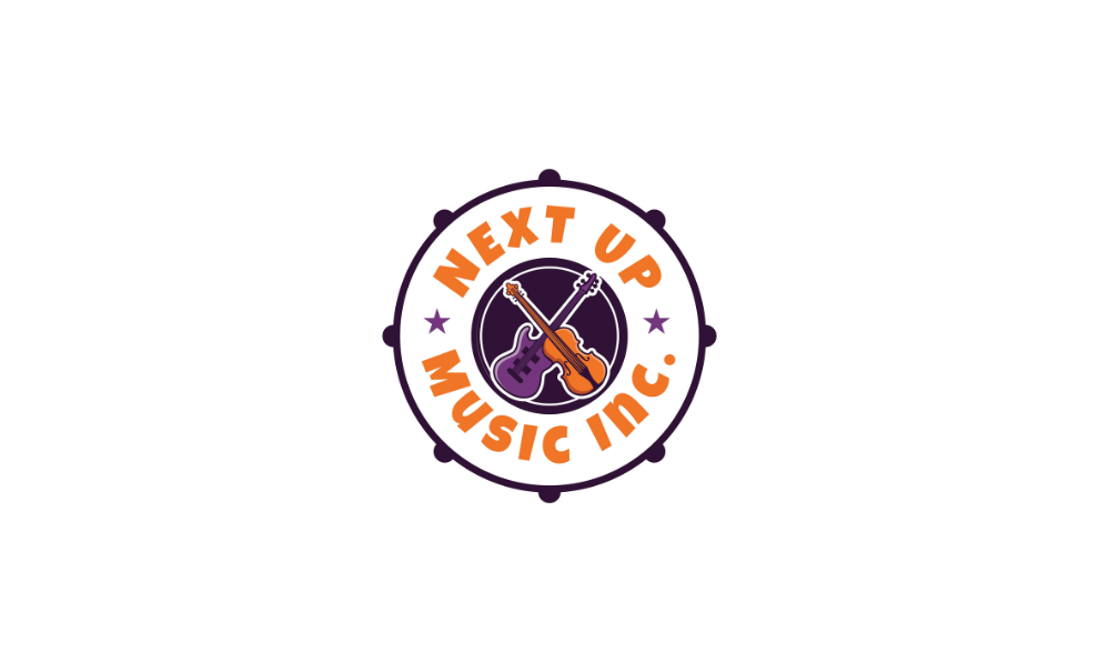 text in orange next up music festival surrounded by a circle with 2 small purple stars and purple and orange guitars in center