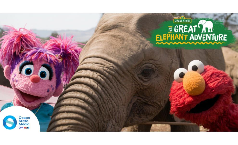 Abby & Elmo with an Elephant with the text Sesame Street and the Great Elephant Adventure