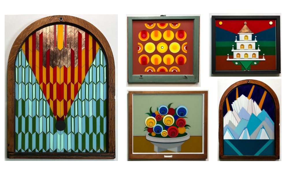 various reclaimed stained glass windows painted in abstract shapes and colors