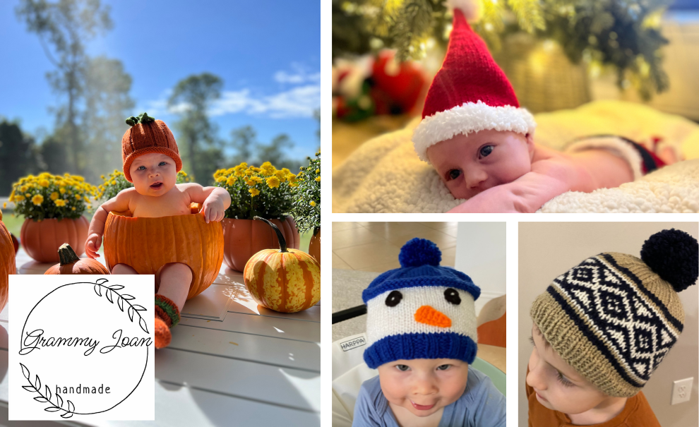 4 images of babies and toddlers in handmade knit hats in seasonal themes