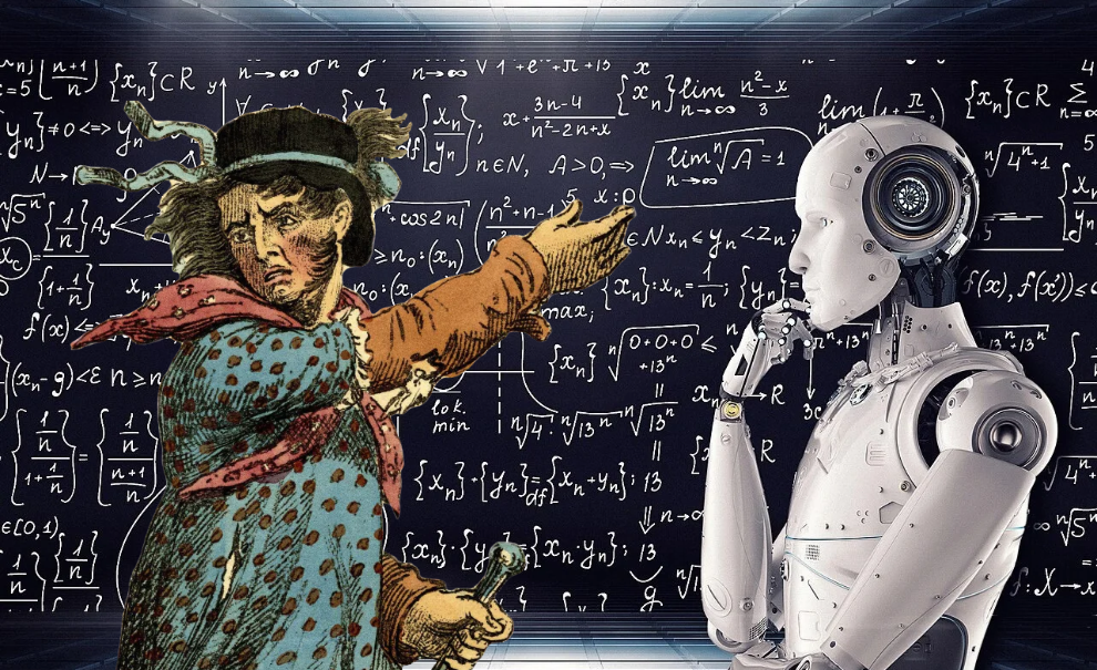 A historical depiction of a Luddite pointing at a humanoid robot.