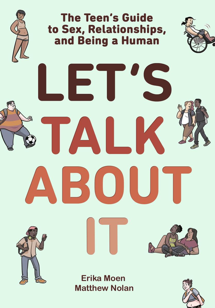 Book Cover:mint green background with title in the center and small cartoon diverse teens hanging out around the boarder