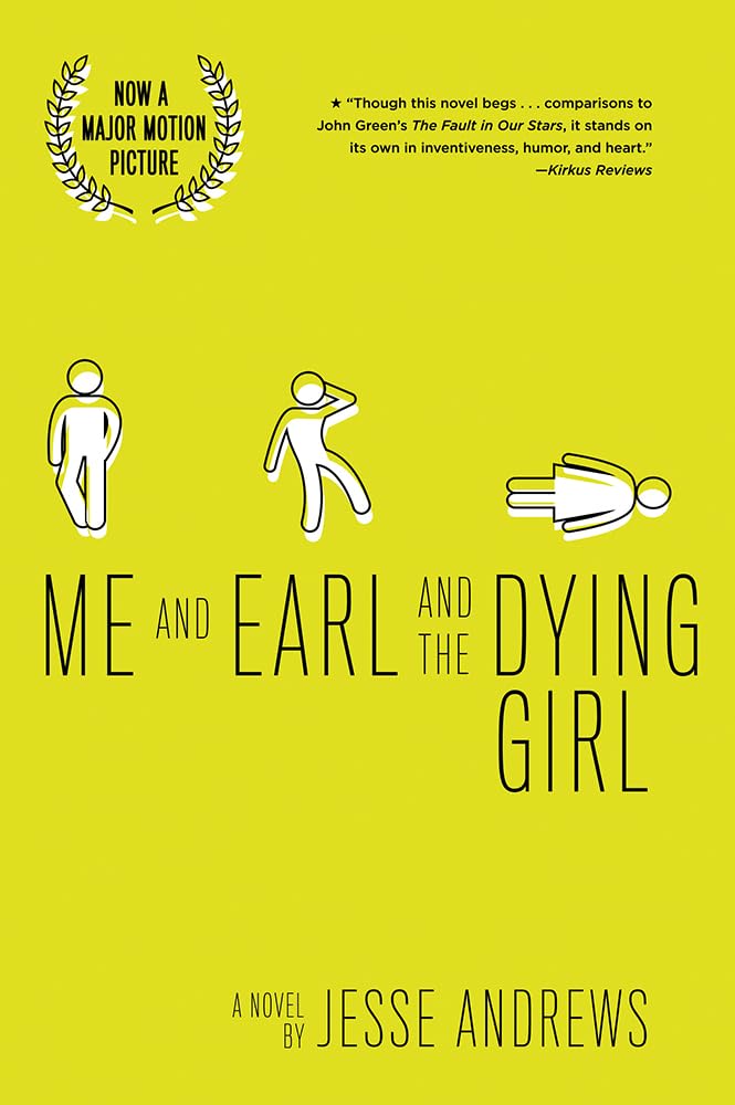 Book Cover:bright green cover with three figures in the style of a bathroom sign: two men leaning to the left and one woman on her side on the right