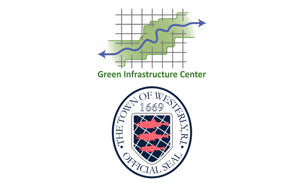 town of westerly logo in dark blue text with 3 red fish and green infrastructure center logo with a grey grid and green path going through with a blue wavy arrow
