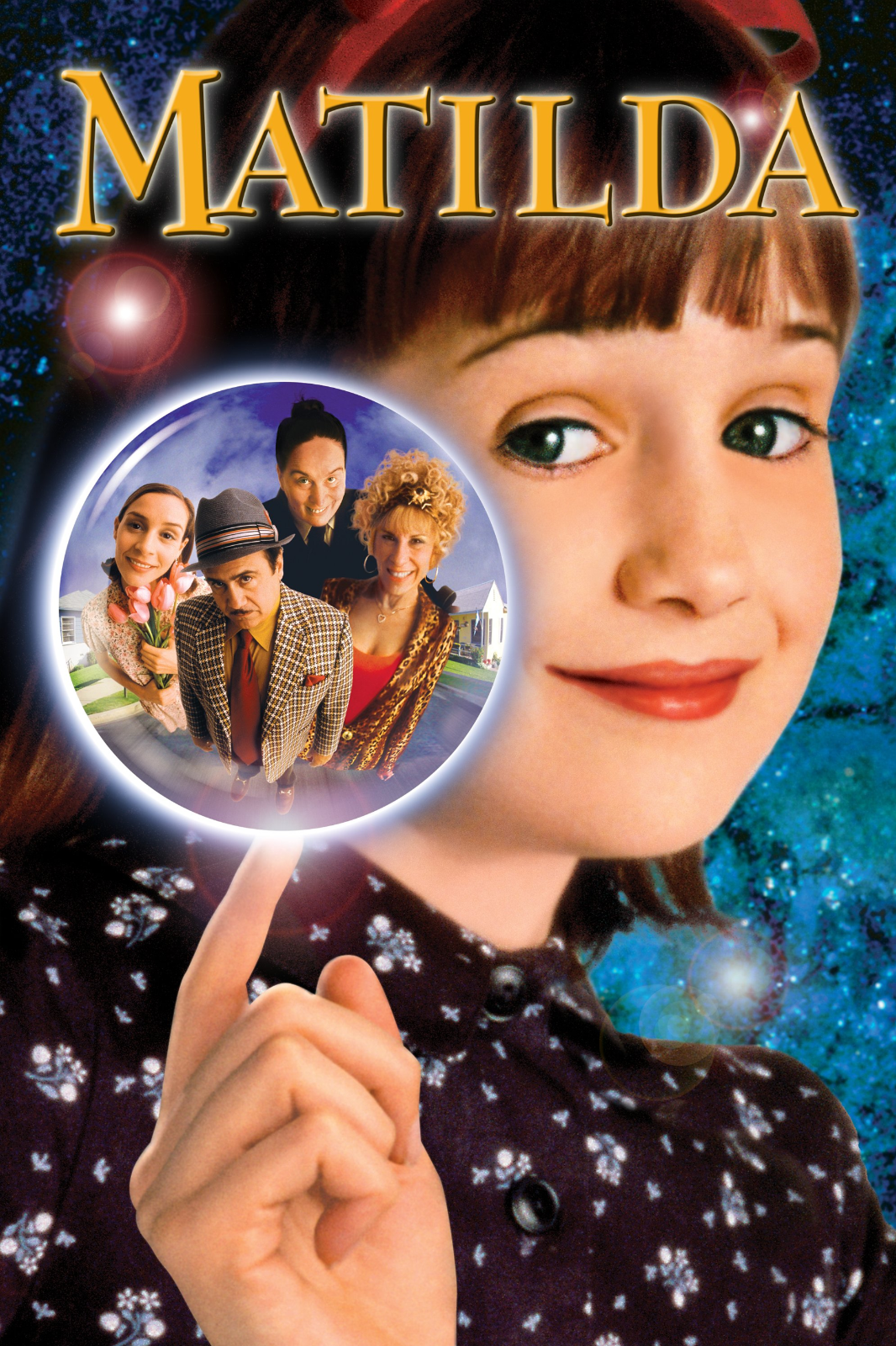 face of girl with finger pointing to bubble with a family of people in it and text reading Matilda