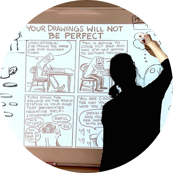 woman drawing cartoon doodles over projector and whiteboard