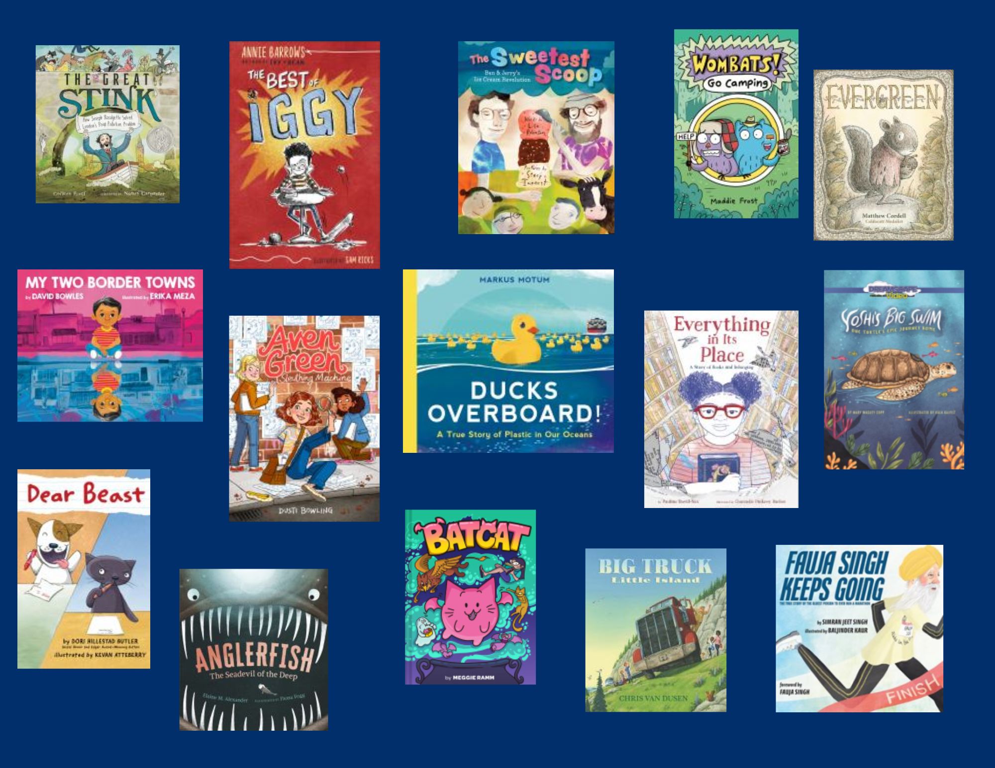 A photo collage of all fifteen Elementary Nutmeg Award nominee covers on a dark blue background. The book covers include the title of the book, and author and illustrated.