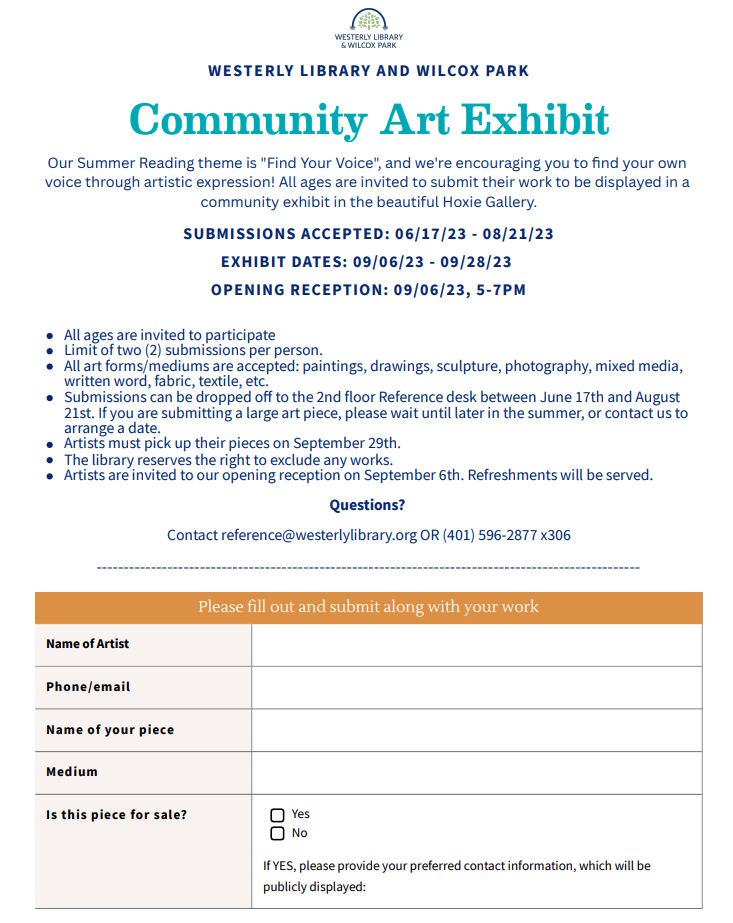 Community Art Exhibit information sheet and submission form