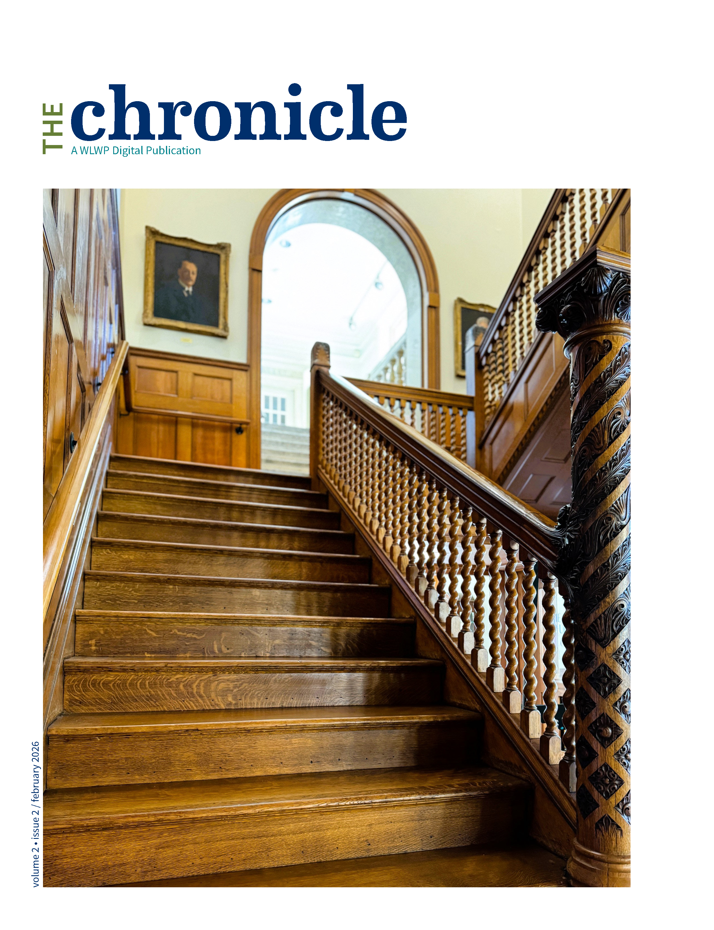 image of antique woodwork column and staircase and framed art in background