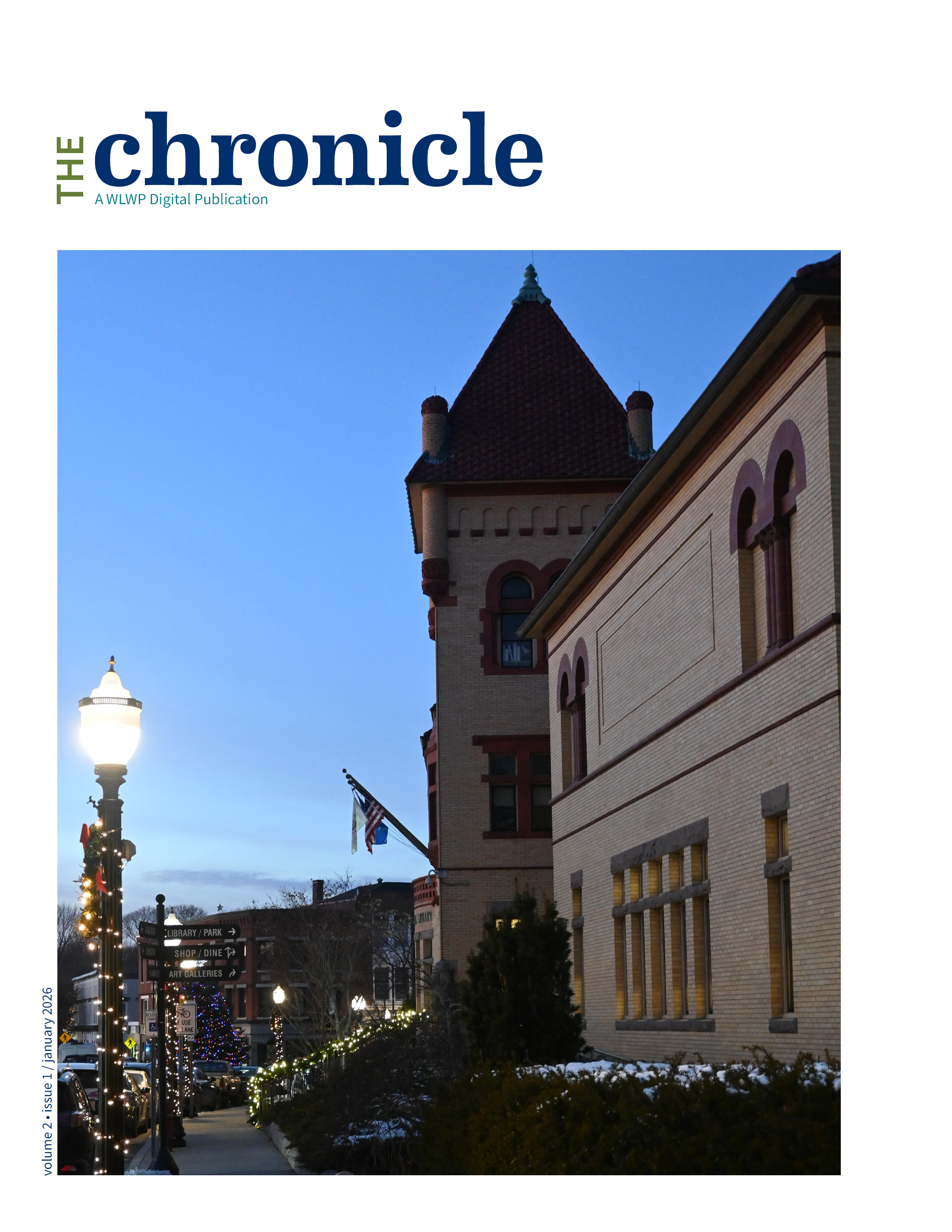 image of library building at dusk with holiday lights
